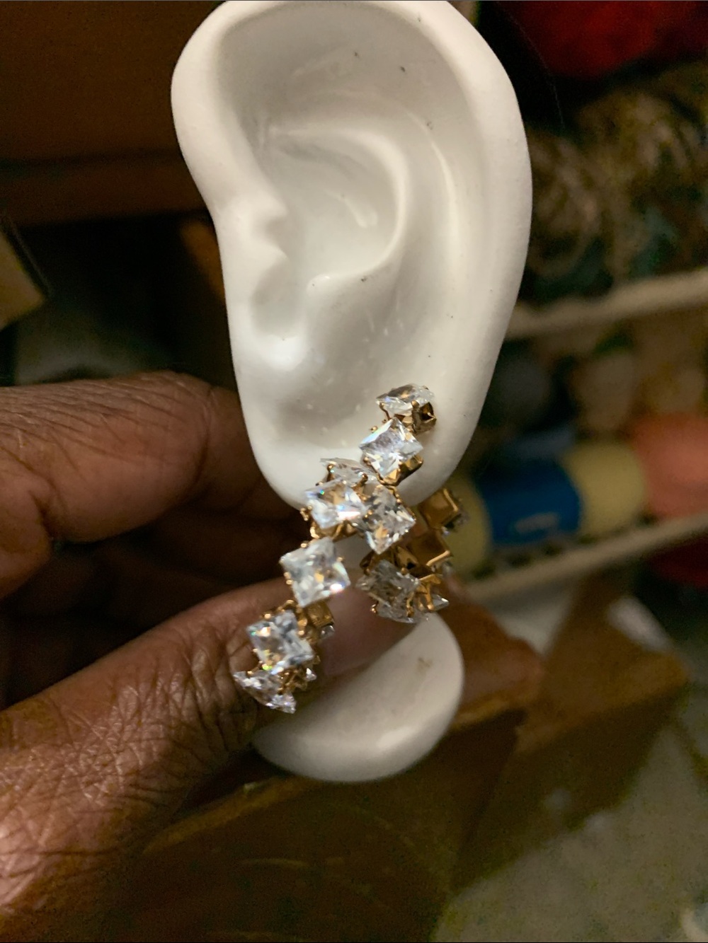 Gold Tone Cut Crystal Square Distinctive Hoop Prominent Earrings